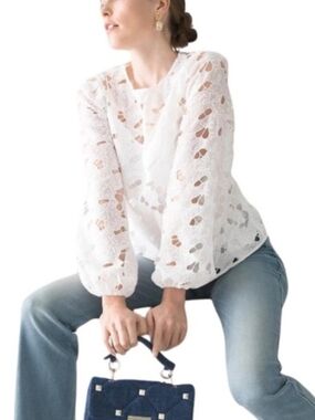 White House Black Market White Butterfly Embroidered Balloon-Sleeve Blouse New S